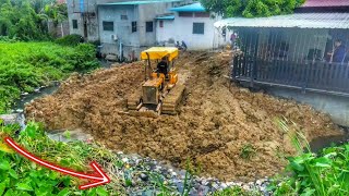 New Next Level,Of Action Build Electricity Pillar By Bulldozer Working Push Soil Clear Trash inWater