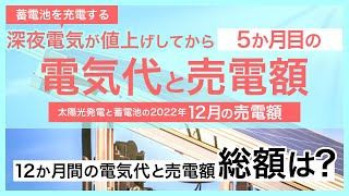 電気代が高騰した2022年の1年間の電気代と売電額の総額。家庭用蓄電池を充電する深夜の電気代が値上がりした影響は？2022年12月の電気代、売電額と太陽光発電。戸建て3人家族