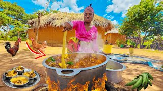 African Village life#cooking Delicious mouthwatering Green bananas with Mutton curry