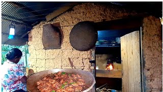 Village Mother Cooks delicious dinner, a beautiful time to cook simple food in a rural kitchen