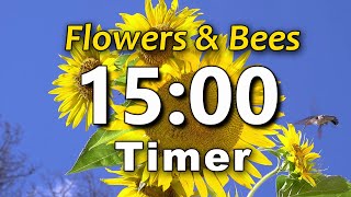 15 Minute Timer | ⏰ Bell Alert | No Music | Sun Flowers Hummingbird | Big Numbers