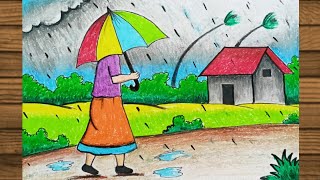 Rainy Season Drawing Easy || Rainy Season Drawing Easy Competition || Rainy Day Drawing 🌧️