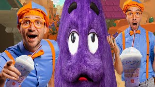 Blippi Run vs Grimace Shake Run - Time for  Blippi to Try Grimace Shake Challenge