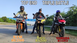 Yamaha R15V3 BS4 vs Bajaj RS200 vs KTM200 TRIPLE BATTLE HIGHWAY TOP END #r15v3 #viral #ktm #rs200