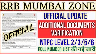 RRB Mumbai Additional Documents varification List Out Ntpc Level 2/3/5/6 #mumbai #ntpc #railway #rrb