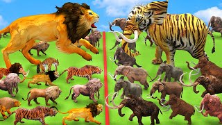 10 Lion Vs 10 Mammoth Elephant Fight Giant Tiger Chase Cow Cartoon Saved by 10 Woolly Mammoth