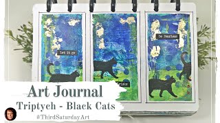 Triptych with Black Cats - Abstract acrylic background & Gold flakes #ThirdSaturdayArt Video Hop🎬▶▶