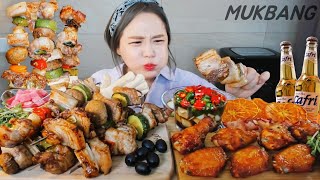 Субтитры) Grilled Pork belly & Vegetable skewers. Chicken wings. Fruit chips REAL SOUND ASMR MUKBANG