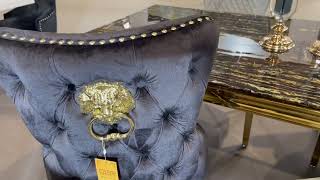 Elizabeth Black Velvet And Gold Dining Chair With Lion Ring Knocker