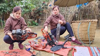 The genius girl repairs and restores the chainsaw