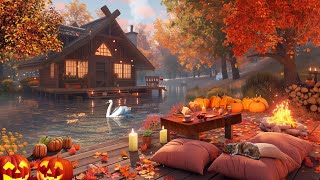 Autumn Cottage Ambience by Lakeshore with Cozy Campfire and Fall Forest Soundscape