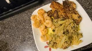 cooking caliuflower  rice,shrimp, fish in garlic butter