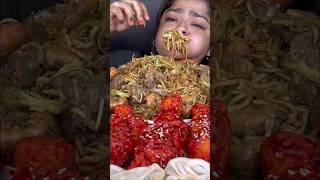 ASMR eating mutton shrimp stir frird noodles, spicy chicken leg and juicy chicken momos