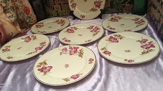 7 Platos Playos Principales porcelana Raynaud Limoges Francia años 30 marfil magenta y oro