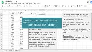 Calculate a Correlation in Google Sheets; Pearson's r; Functions in Sheets