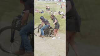 Husband & wife run start the 1926 Douglas motorcycle