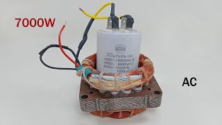 I turn fan motor coil into 230v 7000w electric generator with 450V powerful capacitor transformer