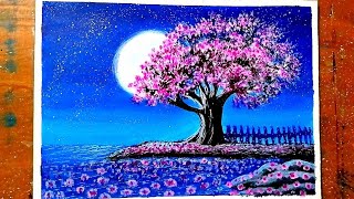 Acrylic Cherry Blossom Painting || Moonlight Step By Step Painting Tutorial || @paintingforyou1963.