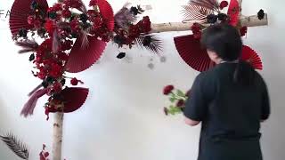 Custom Arch Wedding Decor Flower Arrangement Burgundy Wine Red Event Paper Fan Leaves Flower Row Ce