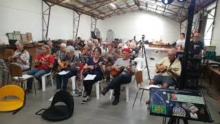 Blue and White Dog - Tab reading workshop at the 4-String Festival in NZ.