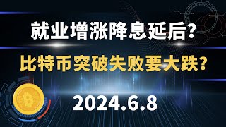 就业增涨降息延后？比特币突破失败要大跌？6.8 比特币 以太坊行情分析。