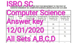 #ISROscComputerScienceAnswerkey2020 ISRO SC Computer Science 2020 Answer key All Sets A,B,C,D,E