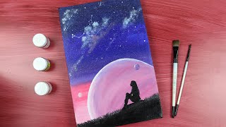 Acrylic Painting on Canvas / Beautiful Galaxy Landscape with a Girl / ARTz