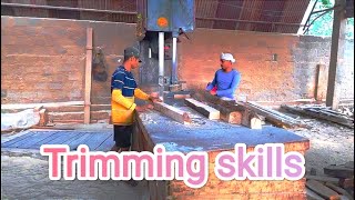 Edges trimming on vertical bandsaw machine in INDIA, Cutting techniques of craftsman at SAWMILL