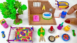 DIY How to make polymer clay miniature Village House, Washroom Set, Kitchen Set, Tree, Charpai || 2