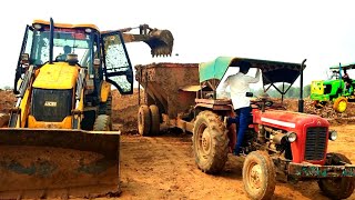 Jcb 3DX Xpert Backhoe Loader Loaded Mud in Massey Ferguson 1035 Tractor attech Bricks Soling Machine