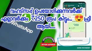 Whatsapp ഉപയോഗിക്കുന്നവർക്ക് എല്ലാവർക്കും ₹250 രൂപ കിട്ടും😍Free ആയി| 😭Expired | WhatsApp Cashback