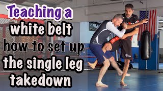 Teaching a white belt how to set up the single leg take down