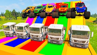 PAINT 5 MAN TRUCKS VS GIANT COLOR WATER SLIDE - Monster Trucks with Long Slide Game - BeamNG Drive