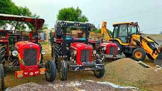 Jcb 3DX Eco Excellence Backhoe Machine Loadind Sand In 3 Massey Ferguson Tractor With Trolley | Jcb