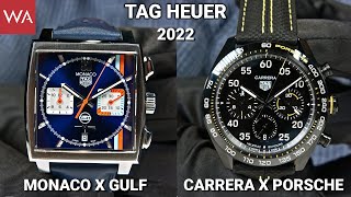 TAG Heuer Monaco X Gulf + TAG Heuer Carrera X Porsche: Iconic, bold, decidedly sporty chronographs.