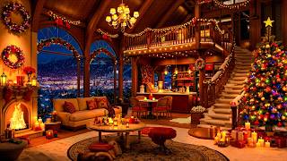 Christmas Night Jazz Music ⛄ Winter Coffee Shop Ambience & Snowstorm Sounds with Fireplace for Sleep