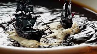 Photorealistic closeup video of two pirate ships battling each other as they sail inside a cup.