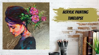 Acrylic Portrait Painting Gold Leaf Time Lapse