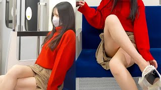 Japanese girl Underwear LOOKBOOK with up skirt on the subway Ai 실사 룩북　red knit