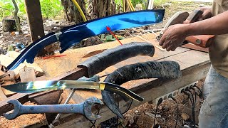 creatively making knife sheaths and handles from buffalo horns and forging knives from used keys