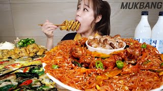 SUB) 매콤달콤 통골뱅이 쫄면🌶 굴전 해물파전 막걸리 먹방 SPICY CHEWY NOODLES OYSTER SEAFOOD PANCAKE REAL SOUND ASMR MUKBANG