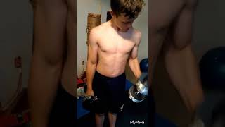 13 year old bodybuilder weight lifting at home.