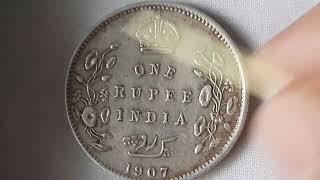 Silver 1 Rp coin of british India ruler King Edward 7 of 1907 (C) mint die shifting & ghosting error