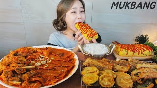 Субтитры) Spicy braised kimchi (with Pork belly, Ribs) Korean style pancake REAL SOUND. ASMR MUKBANG