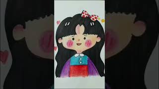 cute chibi girl with ponytails | color pencil drawing easy #shorts #tribalart