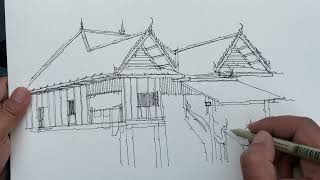 Sketching and watercolor of the temple cloister in 4000 islands,Laos EP32