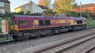 EWS class 66, 66076 departing Biggleswade Plasmor yard with empties to Heck - 05/11/20