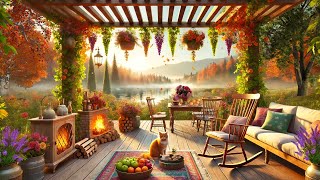 Autumn Cozy Ambience on Terrace with Campfire, Falling Leaves and Relaxing Birdsong in Fall Forest