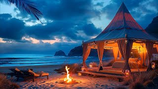 Calm Ocean Night ASMR 🌅 Soothing Waves & Campfire Sounds For Relaxation - ASMR Nature Ambience