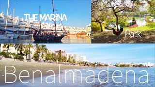 Benalmadena walking tour beach, strip, marina, park, Costa Del Sol Spain Malaga Espanja